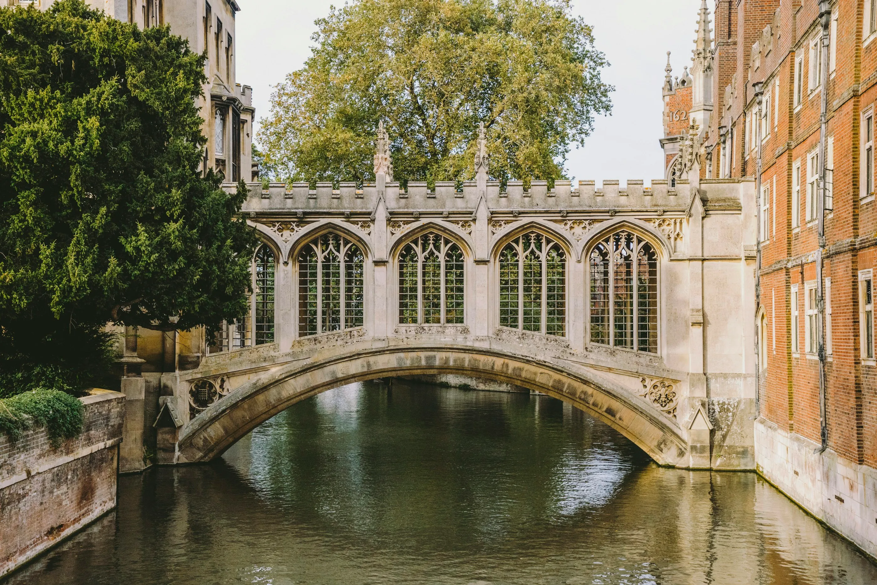 The Bridge of Sighs at St John's College, reflected in the River Cam.