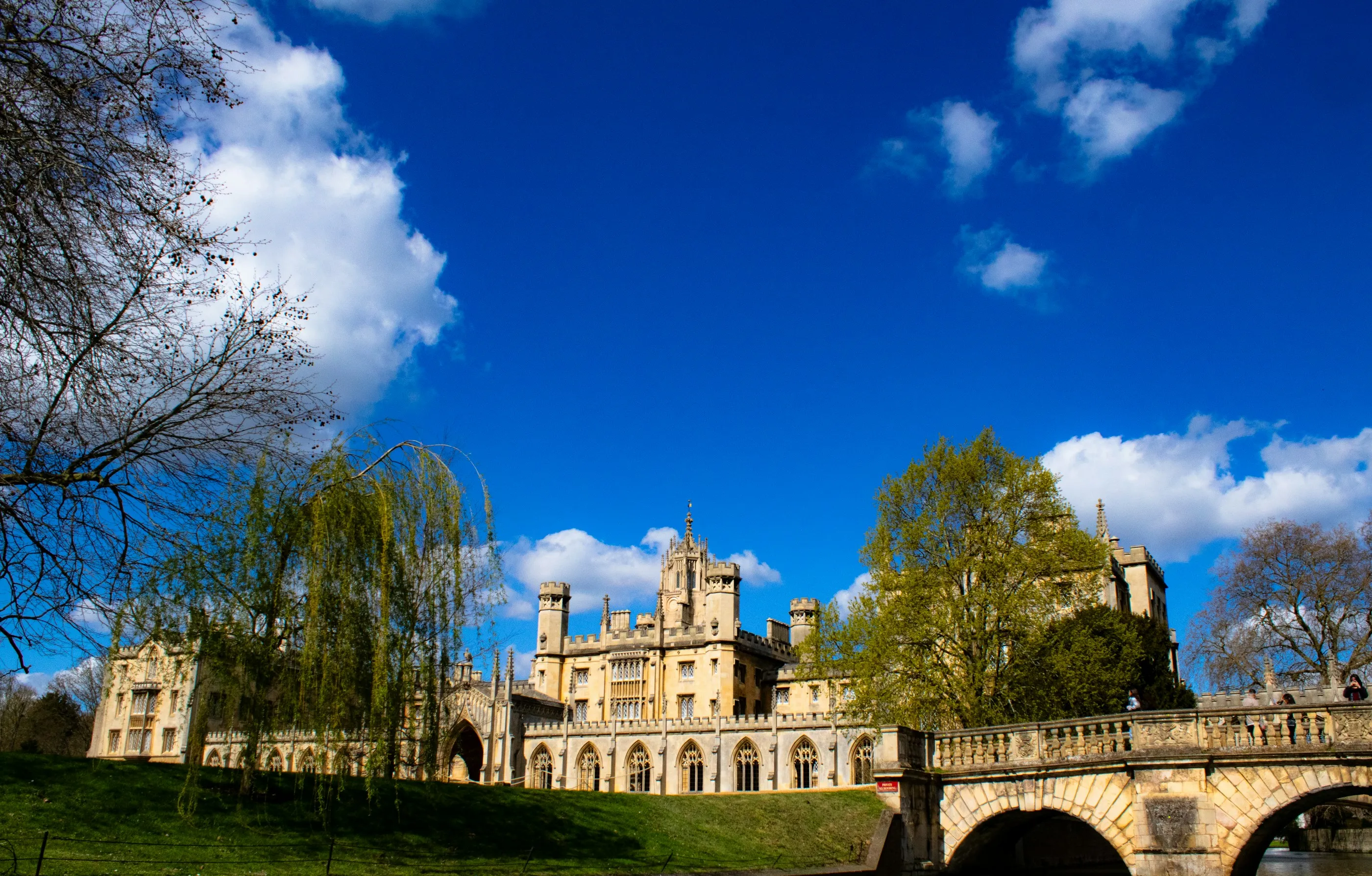 St John's College seen across its lawns in bright daylight, honey-coloured Cambridge stone under a clear sky.